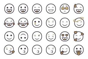 conjunto de iconos de emoticonos sonrientes. emoji de dibujos animados con sonrisa, emoción triste, feliz y plana en estilo de dos tonos vector