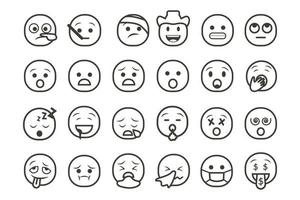 conjunto de iconos de emoticonos sonrientes. emoji de dibujos animados con sonrisa, emoción triste, feliz y plana en estilo de arte lineal vector