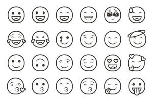 conjunto de iconos de emoticonos sonrientes. emoji de dibujos animados con sonrisa, emoción triste, feliz y plana en estilo de arte lineal vector