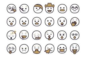 conjunto de iconos de emoticonos sonrientes. emoji de dibujos animados con sonrisa, emoción triste, feliz y plana en estilo de dos tonos vector