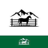 diseño de logotipo de caballo de línea simple en la ilustración de vector de símbolo de signo de fondo de silueta de jaula y montaña