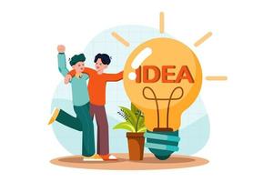 Two guys came up with an idea by pointing at a big light bulb vector