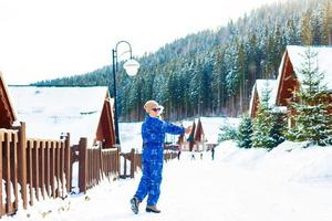 woman in winter park, houses in the forest photo