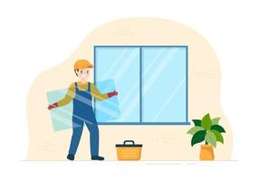 Window and Door Installation Service with Worker for Home Repair and Renovation use Tools in Flat Cartoon Hand Drawn Template Illustration vector