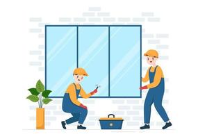 Window and Door Installation Service with Worker for Home Repair and Renovation use Tools in Flat Cartoon Hand Drawn Template Illustration vector