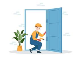 Window and Door Installation Service with Worker for Home Repair and Renovation use Tools in Flat Cartoon Hand Drawn Template Illustration vector