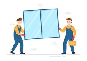 Window and Door Installation Service with Worker for Home Repair and Renovation use Tools in Flat Cartoon Hand Drawn Template Illustration vector