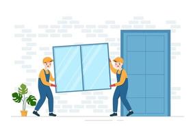 Window and Door Installation Service with Worker for Home Repair and Renovation use Tools in Flat Cartoon Hand Drawn Template Illustration vector