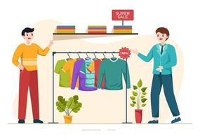 tienda de camisetas para comprar nuevos productos, ropa o ropa con varios colores y modelos en dibujos animados planos dibujados a mano ilustración de plantillas vector