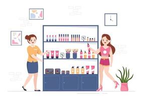 tienda de cosméticos con elección de productos para el cuidado de la piel, cosméticos, perfumes, maquillaje y belleza para niñas en dibujos animados planos dibujados a mano ilustración de plantillas vector