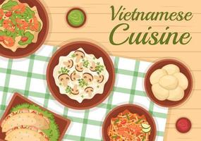 menú de restaurante de comida vietnamita con una colección de varios platos de cocina deliciosos en ilustración de plantillas dibujadas a mano de dibujos animados de estilo plano vector