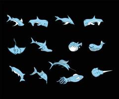 ilustración vectorial de ballenas, peces tropicales, peces marinos, dibujos animados de ballenas. beluga, orca, ballena jorobada, cachalot, ballena azul, delfín, Groenlandia, ballena franca austral, mundo submarino. vector