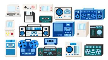 Set of old retro vintage isometry tech electronics cassette audio tape recorder, computer, game consoles for video games from the 70s, 80s, 90s. Vector illustration