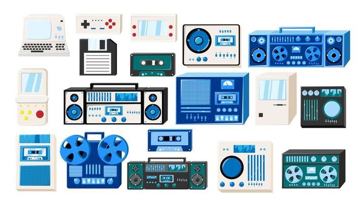 Set of old retro vintage isometry tech electronics cassette audio tape recorder, computer, game consoles for video games from the 70s, 80s, 90s. Vector illustration
