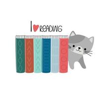 Reading lovers. Stack of books and cute cat. Books stickers. Decorative vector design elements. The concept of Read books.