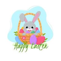 Happy Easter. Greeting card or a posters with easter basket, bunny, spring flowers and Easter egg. Vector illustration.