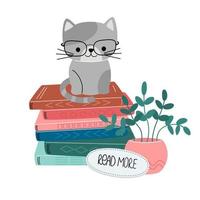 Reading lovers. Stack of books and cute cat. Books stickers. Decorative vector design elements. The concept of Read books.