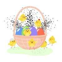 Easter basket with eggs and chickens. Happy Easter concept. Template vector design for banner, posters, card, pattern, flyer.