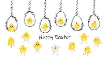 Decorative Easter eggs with chickens. Happy Easter concept. Template vector design for banner, posters, card, pattern, flyer.