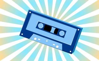 Old retro vintage poster with music audio cassette for audio tape recorder with magnetic tape from 70s, 80s, 90s against the background of the blue rays of the sun. Vector illustration