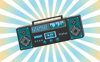 Old retro vintage poster with music cassette tape recorder with magnetic tape babbin on reels and speakers from the 70s, 80s, 90s the background of the blue rays of the sun. Vector illustration