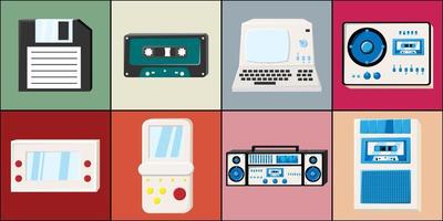 Set of icons old retro vintage hipster tech electronics cassette audio tape recorder, computer, game consoles for video games from the 70s, 80s, 90s. Vector illustration