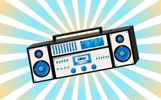 Old retro vintage poster with music cassette tape recorder with magnetic tape babbin on reels and speakers from the 70s, 80s, 90s the background of the blue rays of the sun. Vector illustration