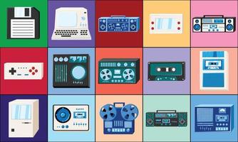 Set of icons old retro vintage hipster tech electronics cassette audio tape recorder, computer, game consoles for video games from the 70s, 80s, 90s. Vector illustration