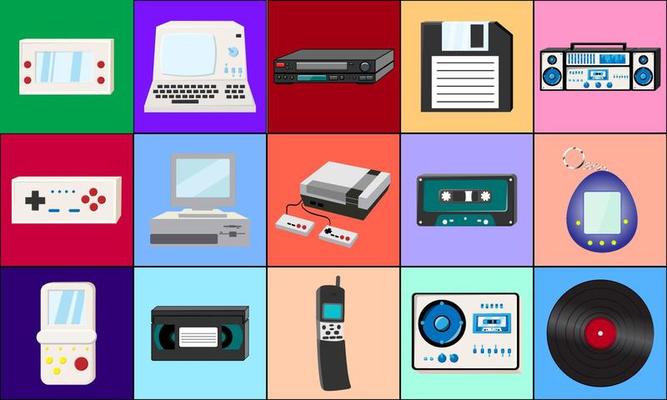 Set of icons old retro vintage hipster tech electronics cassette audio tape recorder, computer, game consoles for video games from the 70s, 80s, 90s. Vector illustration