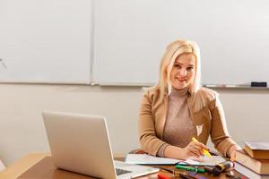 Portrait of happy teacher in classroom photo