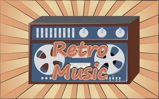 Old retro vintage poster with music cassette tape recorder with magnetic tape babbin on reels and speakers from the 70s, 80s, 90s the background of the brown rays of the sun. Vector illustration