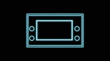 Blue neon glowing portable game console, for video games with buttons and screen old retro hipster vintage from 70s, 80s, 90s on black background. Vector illustration