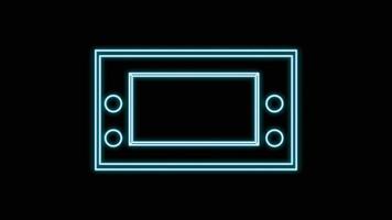 Blue neon glowing portable game console, for video games with buttons and screen old retro hipster vintage from 70s, 80s, 90s on black background. Vector illustration