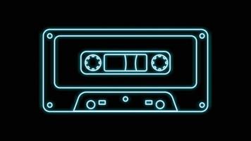 Blue neon music audio cassette tape old retro hipster vintage from 70s, 80s, 90s on black background. Vector illustration