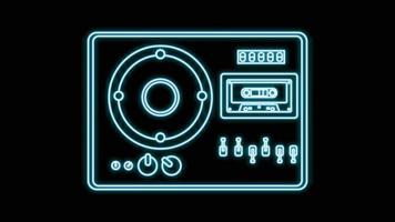 Blue neon music cassette audio tape recorder old retro hipster vintage from 70s, 80s, 90s on black background. Vector illustration
