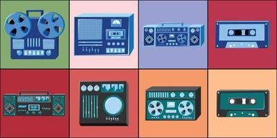 Set of icons old retro vintage hipster tech electronics cassette audio tape recorder, computer, game consoles for video games from the 70s, 80s, 90s. Vector illustration