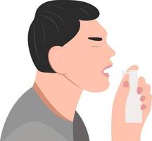 Guy or man with a sore throat, tonsillitis, pharyngitis, laryngitis. Spray sore throat. Disease prevention. Vector illustration