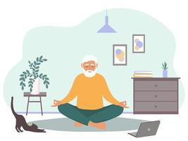 An elderly man does yoga at home. Vector graphics.