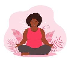 A full girl is sitting in the lotus position on a background of tropical leaves. An overweight african american woman does yoga, gym. The concept of body positivity, self-perception. Vector graphics.