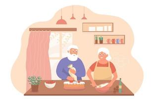 An elderly couple cooks a cake in the kitchen. Happy old people enjoy life, are happy, take care of each other. Vector graphics.