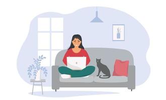 A woman is sitting with a laptop at home on the couch, working remotely. The girl student is studying online. Vector graphics.