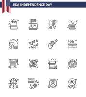 conjunto de 16 iconos del día de los ee.uu. símbolos americanos signos del día de la independencia para la independencia de los ee.uu. vector