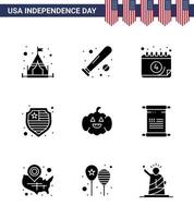 conjunto de 9 iconos del día de estados unidos símbolos americanos signos del día de la independencia para estados unidos calabaza escudo americano elementos de diseño de vector de día de estados unidos editables estadounidenses