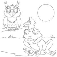 Dibujo para colorear de la rana y el búho hablando. libro para colorear para niños vector