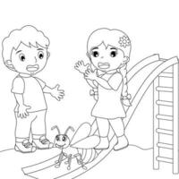 Two children are scared by an ant coloring page. Coloring book for kids vector