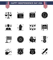 Pack of 16 creative USA Independence Day related Solid Glyphs of plant cactus american flag man Editable USA Day Vector Design Elements