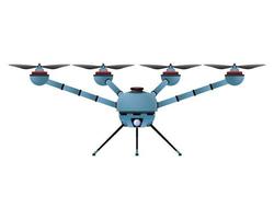 Quadcopter in realistic style. Blue Drone with camera. Colorful vector illustration isolated on white background.