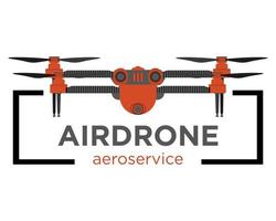 Drone Logo in realistic style. Quadcopter with camera. Colorful vector illustration isolated on white background.