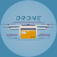 Logo of delivery copter in realistic style. Quadcopter flying with package box in the sky. Modern autonomous drone for drone order delivery. Colorful vector illustration isolated on white background.