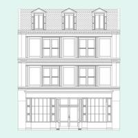 Oldfashioned brick building Coloring Book in realistic style. European facade house front view. Vector illustration isolated on white background.